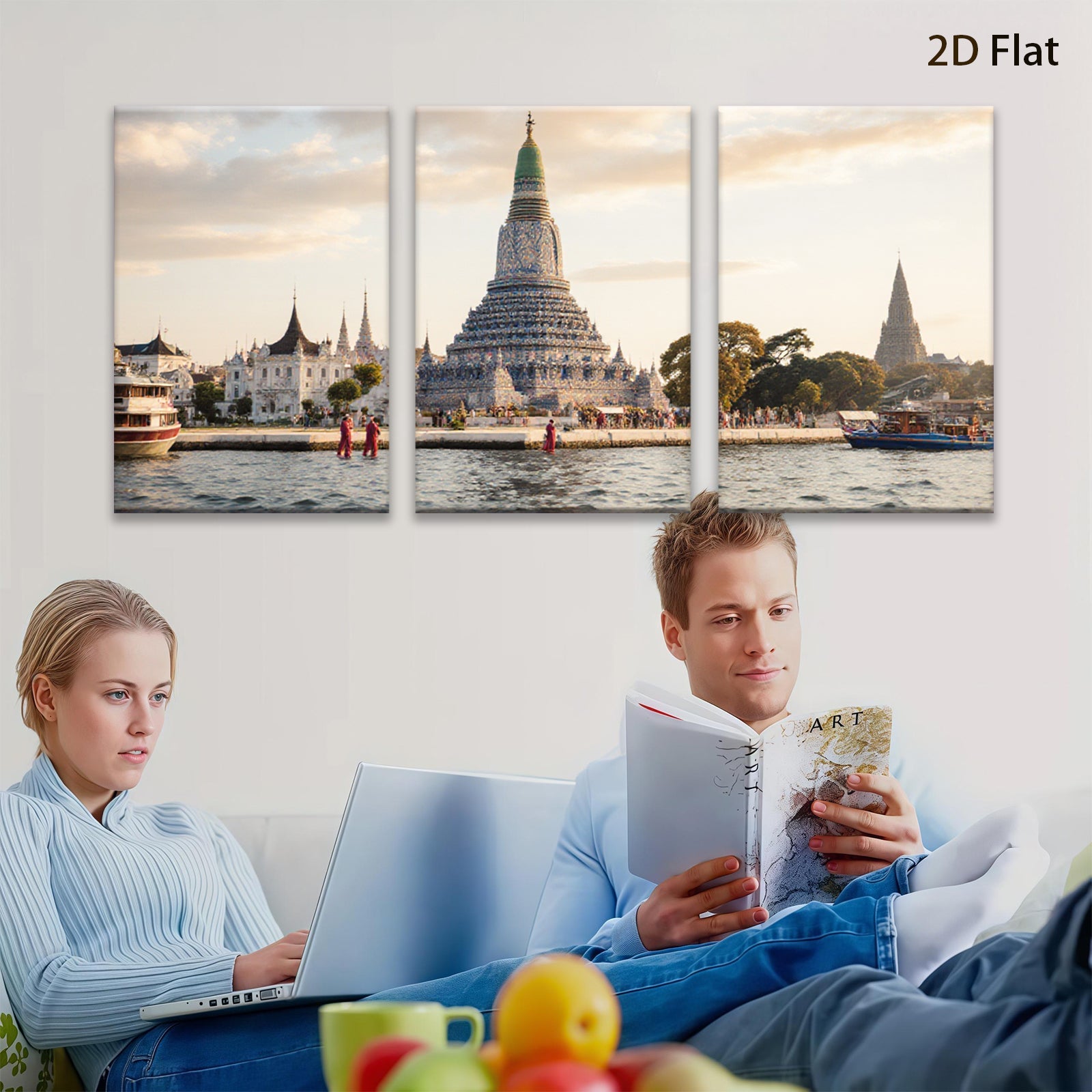 2D flat 1pc Wat Arun Riverside Bangkok Thailand serene temple wall art living room bedroom home decor farmhouse style gallery wrapped canvas prints modern minimalist