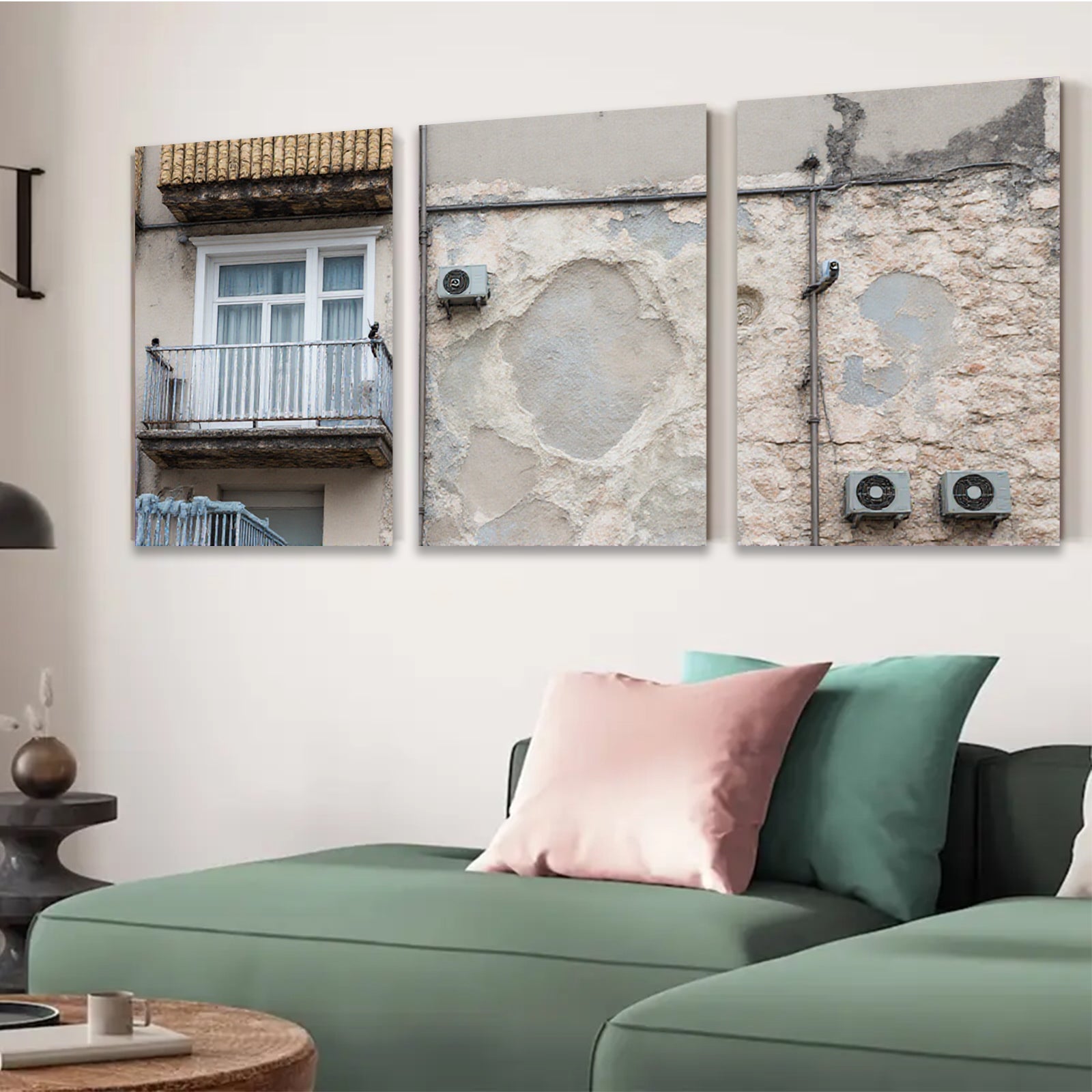 2D flat 1pc Weathered European Facade Texture Wall Art Living Room Bedroom Gallery Wrapped Canvas Print Modern Farmhouse Decor Coastal Style