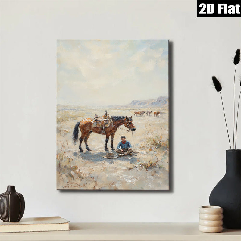 2D flat 1pc Western Cowboy Resting with Horse Desert Landscape Wall Art for Living Room Bedroom Home Decor Farmhouse Style Canvas Prints