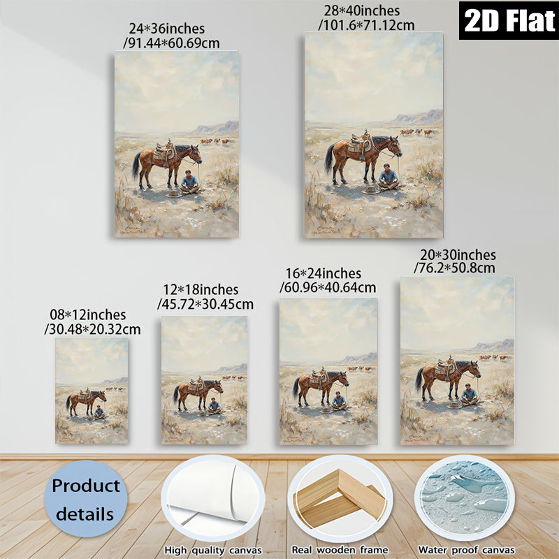 2D flat 1pc Western Cowboy Resting with Horse Desert Landscape Wall Art for Living Room Bedroom Home Decor Farmhouse Style Canvas Prints