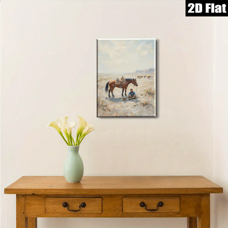 2D flat 1pc Western Cowboy Resting with Horse Desert Landscape Wall Art for Living Room Bedroom Home Decor Farmhouse Style Canvas Prints
