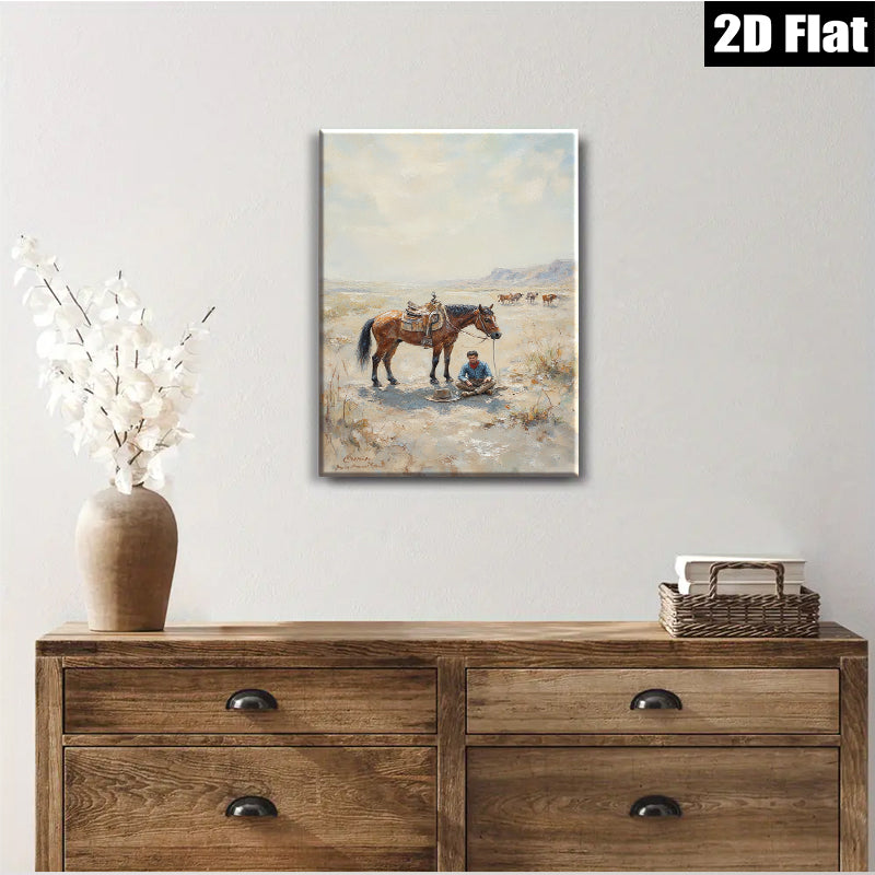 2D flat 1pc Western Cowboy Resting with Horse Desert Landscape Wall Art for Living Room Bedroom Home Decor Farmhouse Style Canvas Prints