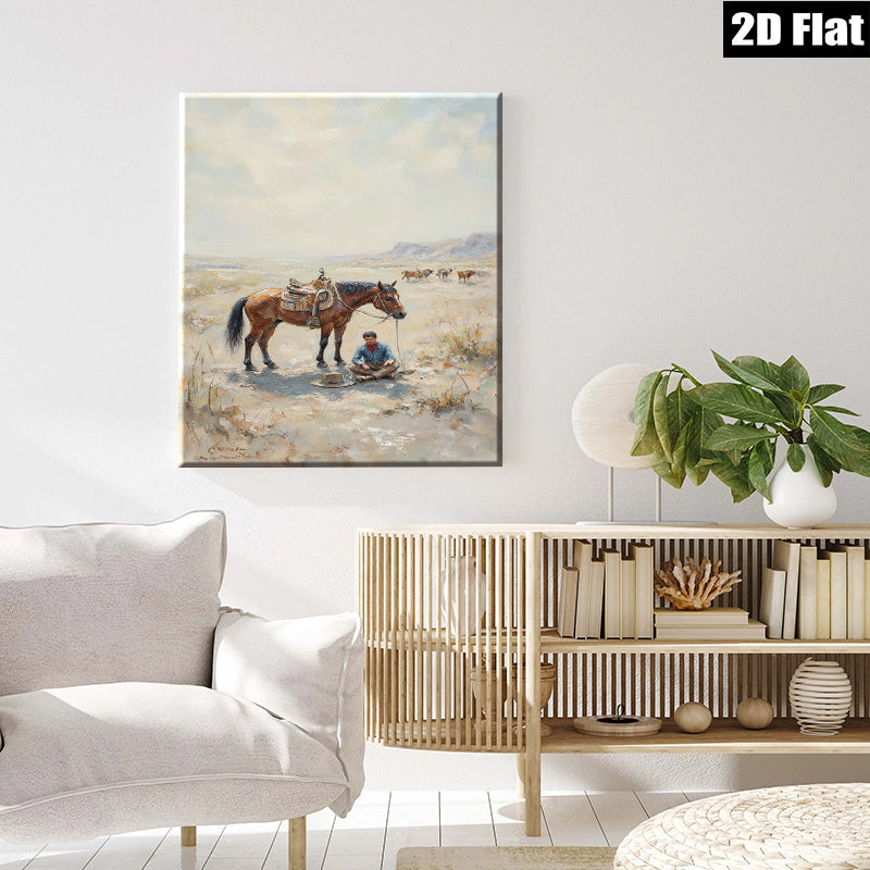 2D flat 1pc Western Cowboy Resting with Horse Desert Landscape Wall Art for Living Room Bedroom Home Decor Farmhouse Style Canvas Prints