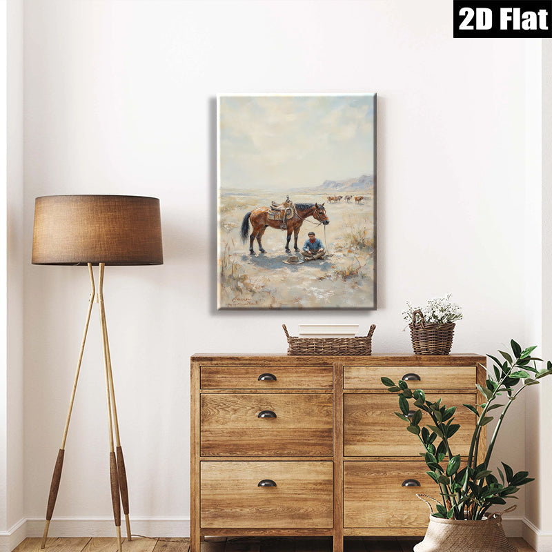 2D flat 1pc Western Cowboy Resting with Horse Desert Landscape Wall Art for Living Room Bedroom Home Decor Farmhouse Style Canvas Prints