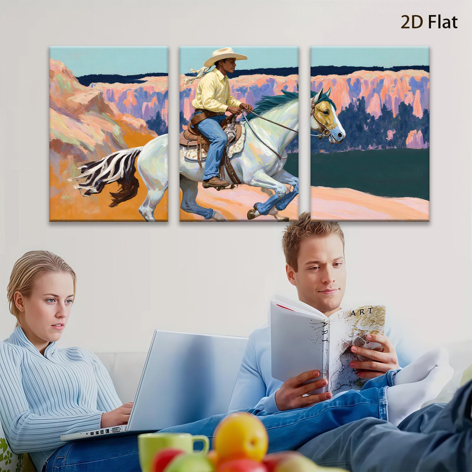 2D flat 1pc Western Cowboy Riding Horse Canvas Wall Art Farmhouse Decor Living Room Bedroom Gallery Wrapped Prints Modern Art Home Decor