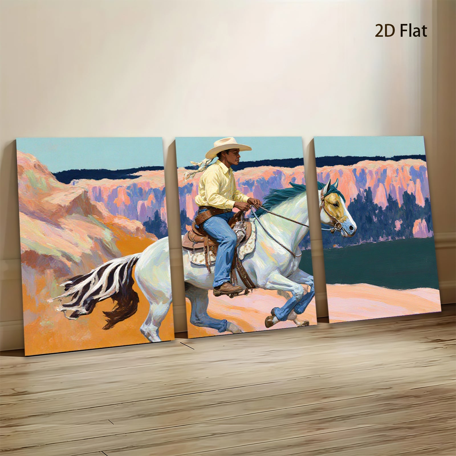 2D flat 1pc Western Cowboy Riding Horse Canvas Wall Art Farmhouse Decor Living Room Bedroom Gallery Wrapped Prints Modern Art Home Decor