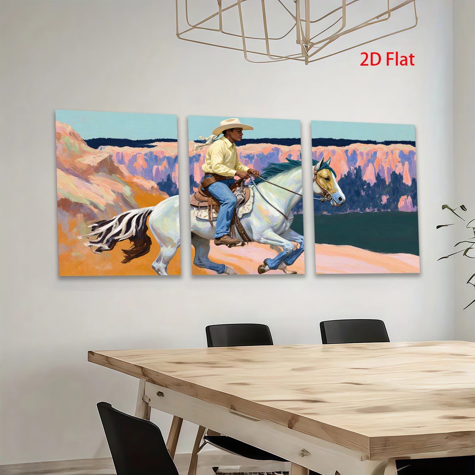 2D flat 1pc Western Cowboy Riding Horse Canvas Wall Art Farmhouse Decor Living Room Bedroom Gallery Wrapped Prints Modern Art Home Decor
