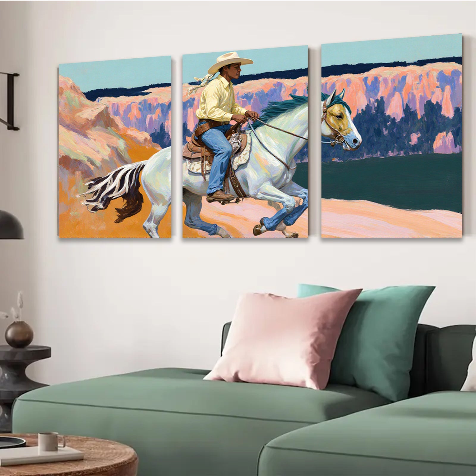 2D flat 1pc Western Cowboy Riding Horse Canvas Wall Art Farmhouse Decor Living Room Bedroom Gallery Wrapped Prints Modern Art Home Decor