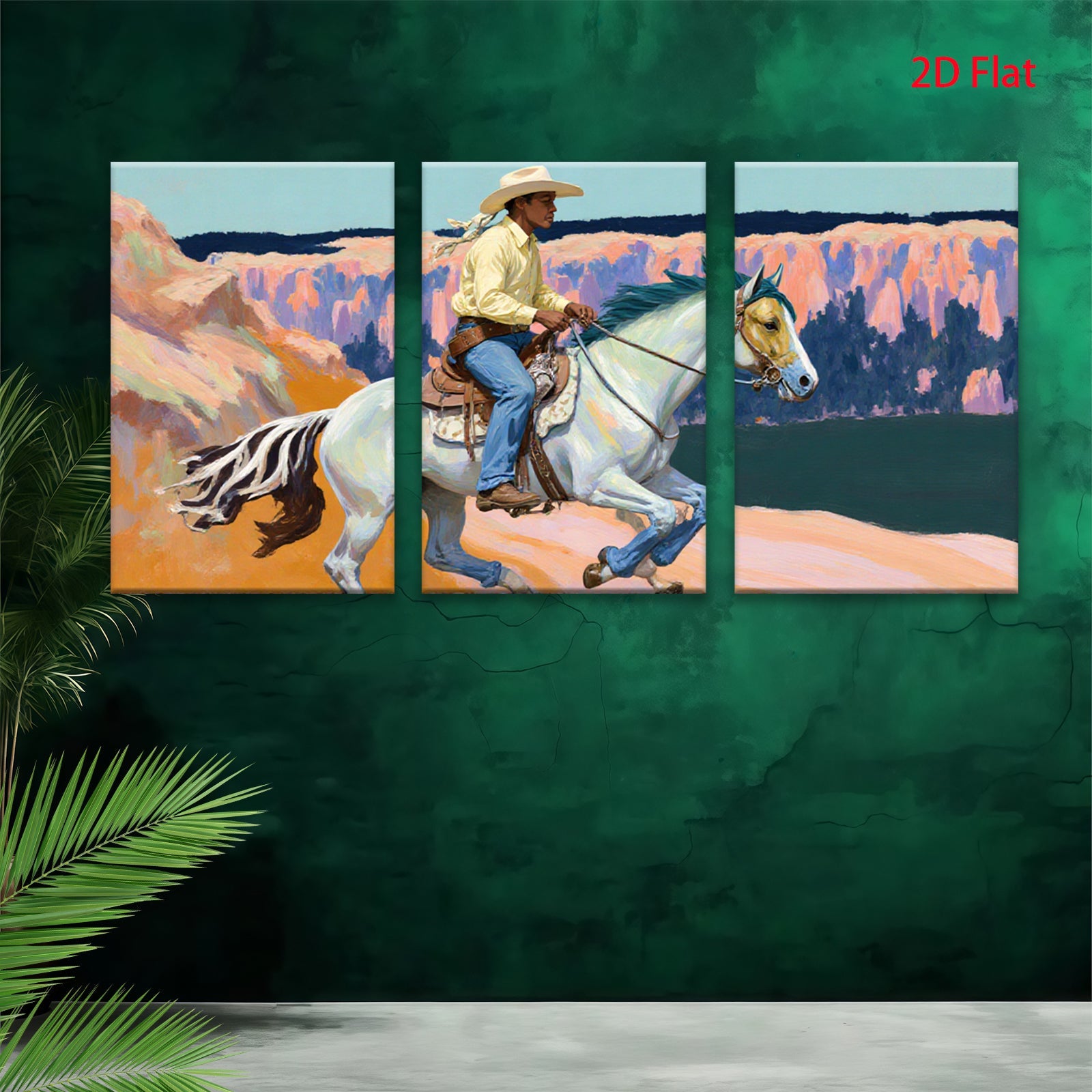 2D flat 1pc Western Cowboy Riding Horse Canvas Wall Art Farmhouse Decor Living Room Bedroom Gallery Wrapped Prints Modern Art Home Decor