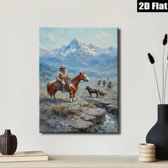 2D flat 1pc Western Cowboy Riding Horses Mountain Landscape Wall Art Decor for Living Room Bedroom Home Office Gallery Wrapped Canvas Prints Modern Farmhouse Rustic Style