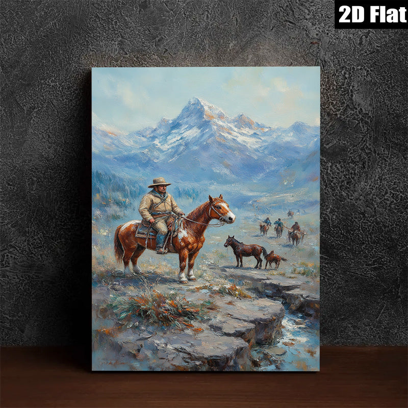 2D flat 1pc Western Cowboy Riding Horses Mountain Landscape Wall Art Decor for Living Room Bedroom Home Office Gallery Wrapped Canvas Prints Modern Farmhouse Rustic Style