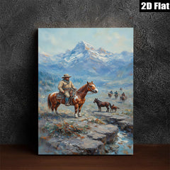 2D flat 1pc Western Cowboy Riding Horses Mountain Landscape Wall Art Decor for Living Room Bedroom Home Office Gallery Wrapped Canvas Prints Modern Farmhouse Rustic Style