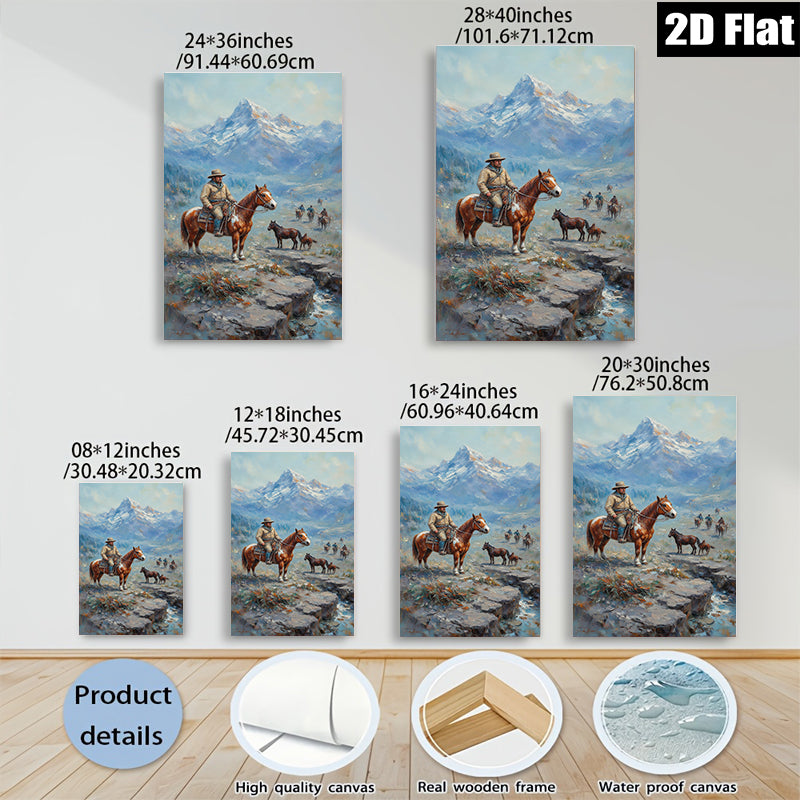 2D flat 1pc Western Cowboy Riding Horses Mountain Landscape Wall Art Decor for Living Room Bedroom Home Office Gallery Wrapped Canvas Prints Modern Farmhouse Rustic Style
