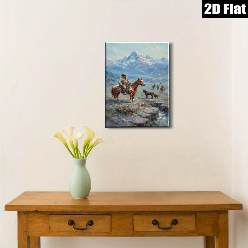 2D flat 1pc Western Cowboy Riding Horses Mountain Landscape Wall Art Decor for Living Room Bedroom Home Office Gallery Wrapped Canvas Prints Modern Farmhouse Rustic Style