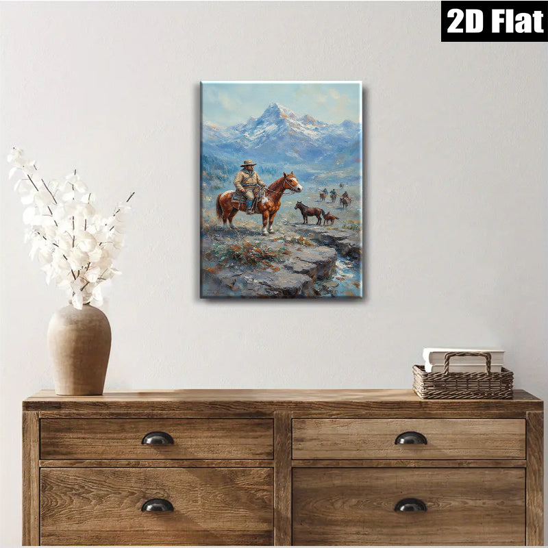2D flat 1pc Western Cowboy Riding Horses Mountain Landscape Wall Art Decor for Living Room Bedroom Home Office Gallery Wrapped Canvas Prints Modern Farmhouse Rustic Style