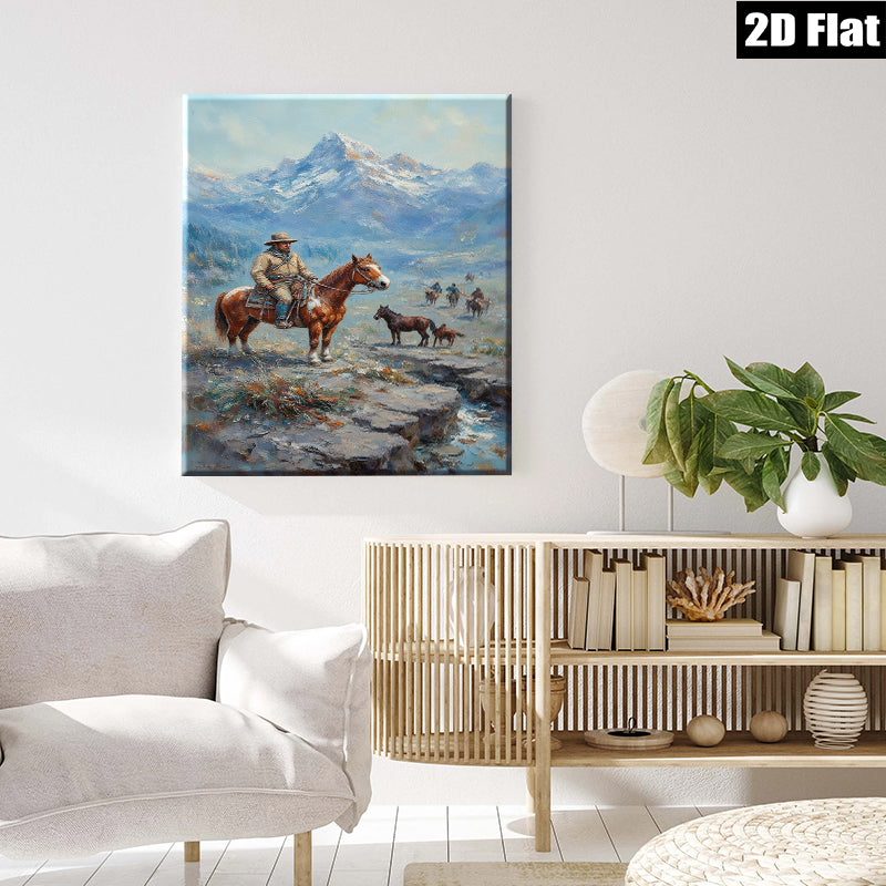 2D flat 1pc Western Cowboy Riding Horses Mountain Landscape Wall Art Decor for Living Room Bedroom Home Office Gallery Wrapped Canvas Prints Modern Farmhouse Rustic Style