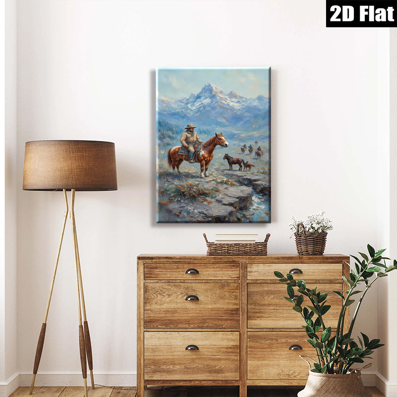 2D flat 1pc Western Cowboy Riding Horses Mountain Landscape Wall Art Decor for Living Room Bedroom Home Office Gallery Wrapped Canvas Prints Modern Farmhouse Rustic Style