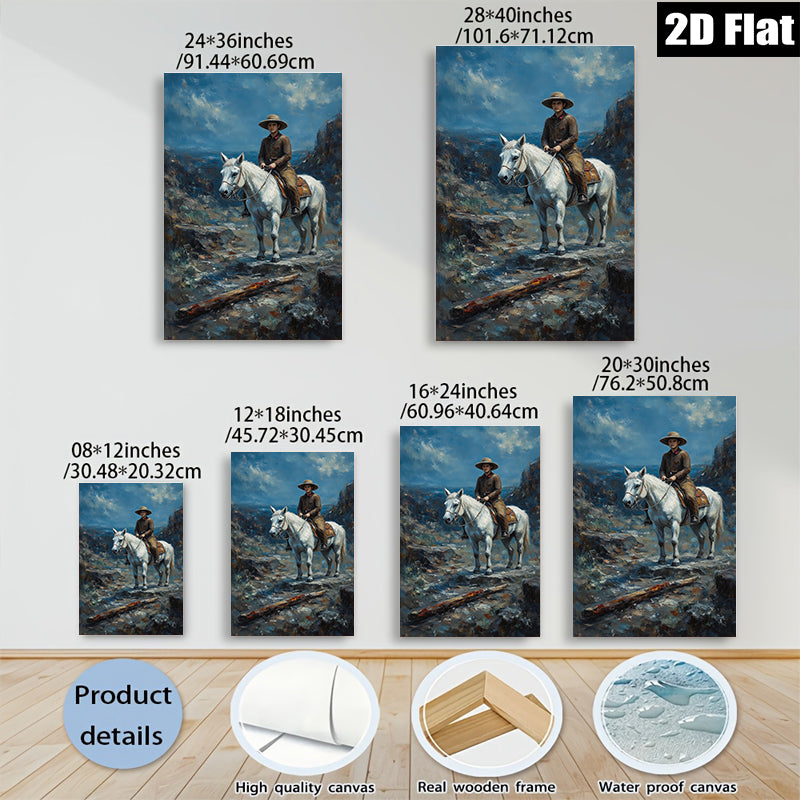 2D flat 1pc Western Cowboy Riding White Horse Canvas Wall Art for Living Room Bedroom Home Decor Farmhouse Style Gallery Wrapped Prints Ready to Hang