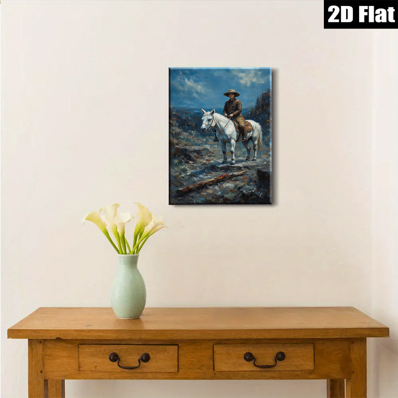 2D flat 1pc Western Cowboy Riding White Horse Canvas Wall Art for Living Room Bedroom Home Decor Farmhouse Style Gallery Wrapped Prints Ready to Hang