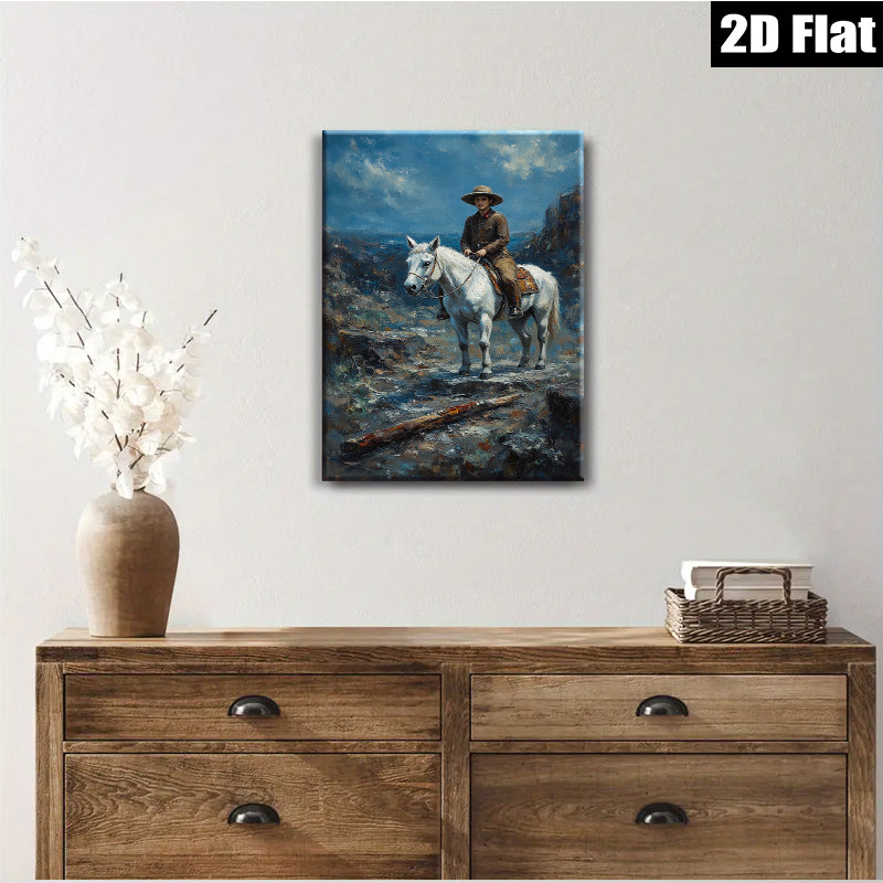 2D flat 1pc Western Cowboy Riding White Horse Canvas Wall Art for Living Room Bedroom Home Decor Farmhouse Style Gallery Wrapped Prints Ready to Hang
