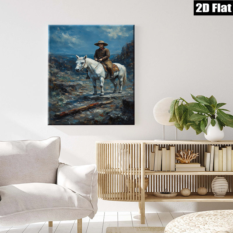 2D flat 1pc Western Cowboy Riding White Horse Canvas Wall Art for Living Room Bedroom Home Decor Farmhouse Style Gallery Wrapped Prints Ready to Hang
