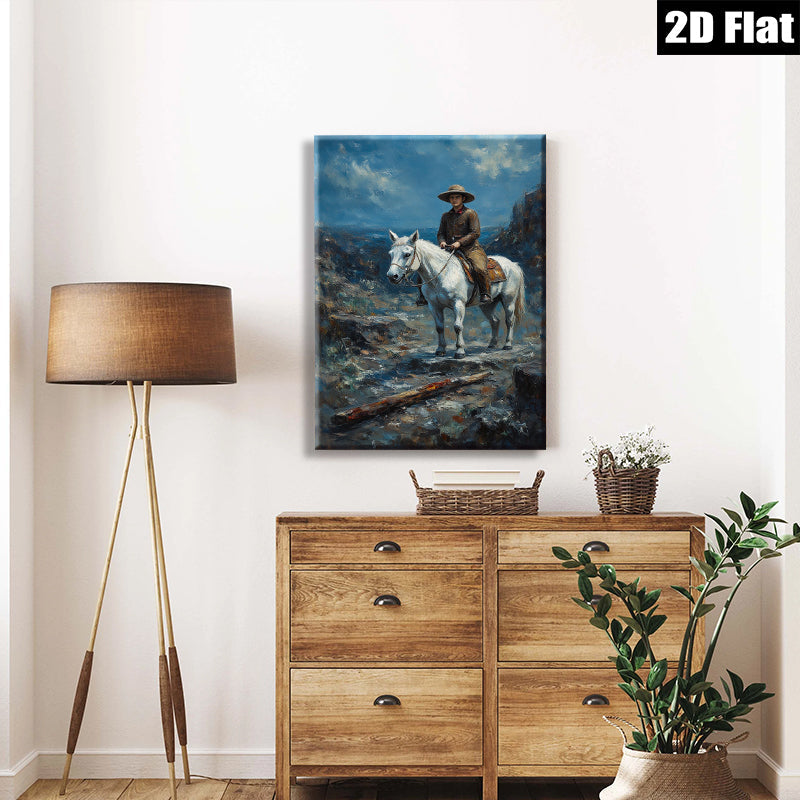 2D flat 1pc Western Cowboy Riding White Horse Canvas Wall Art for Living Room Bedroom Home Decor Farmhouse Style Gallery Wrapped Prints Ready to Hang