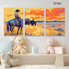 2D flat 1pc Western Cowboys Ride Horses Through Golden Plains Farmhouse Wall Art Decor Living Room Bedroom Modern Canvas Prints Framed Large Size