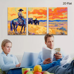2D flat 1pc Western Cowboys Ride Horses Through Golden Plains Farmhouse Wall Art Decor Living Room Bedroom Modern Canvas Prints Framed Large Size