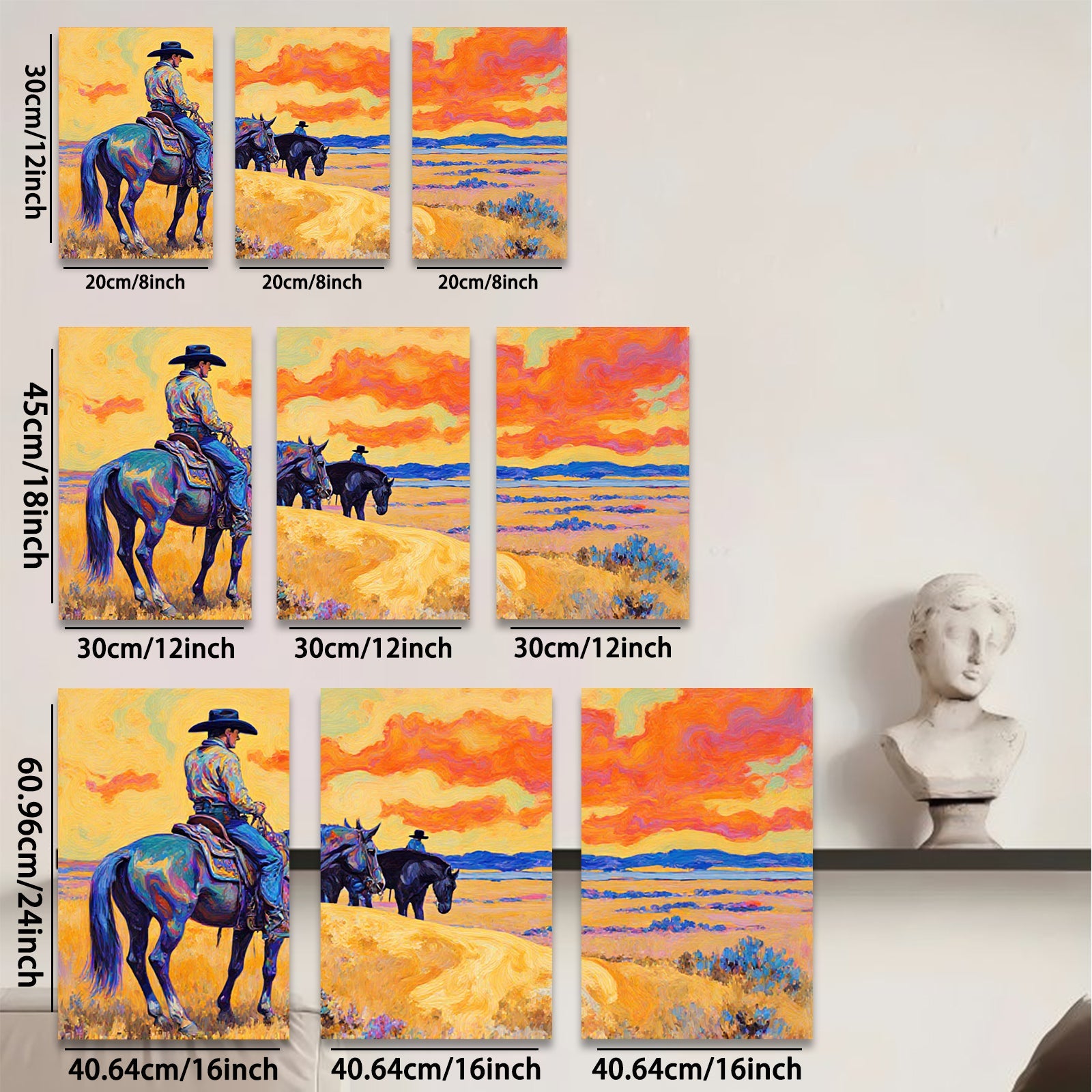 2D flat 1pc Western Cowboys Ride Horses Through Golden Plains Farmhouse Wall Art Decor Living Room Bedroom Modern Canvas Prints Framed Large Size