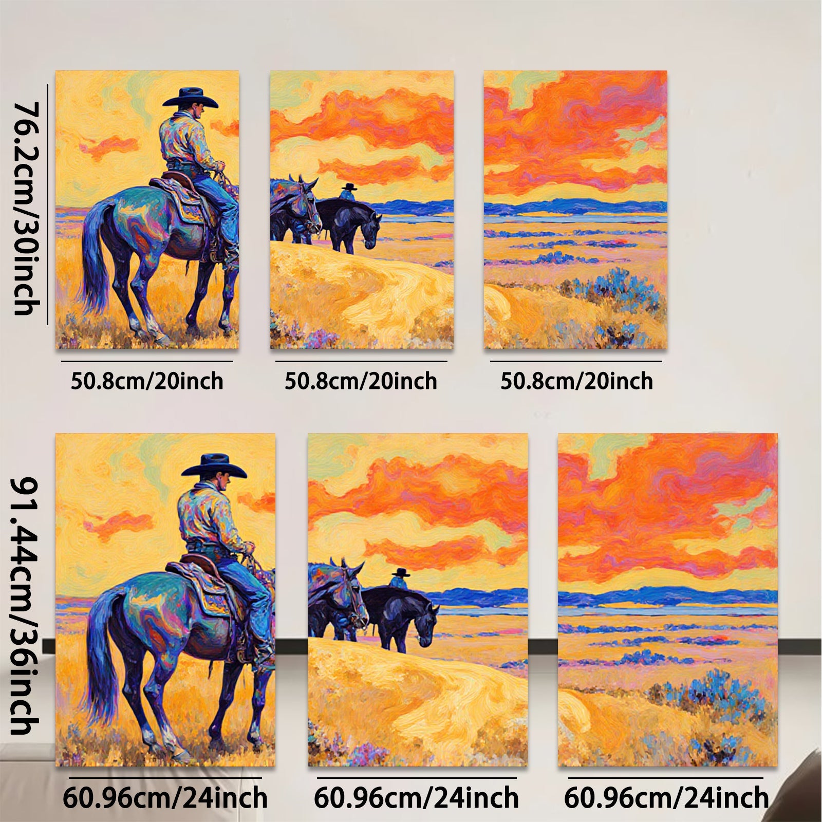 2D flat 1pc Western Cowboys Ride Horses Through Golden Plains Farmhouse Wall Art Decor Living Room Bedroom Modern Canvas Prints Framed Large Size