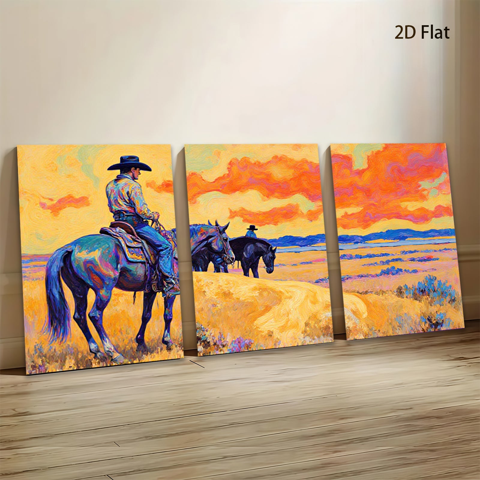 2D flat 1pc Western Cowboys Ride Horses Through Golden Plains Farmhouse Wall Art Decor Living Room Bedroom Modern Canvas Prints Framed Large Size