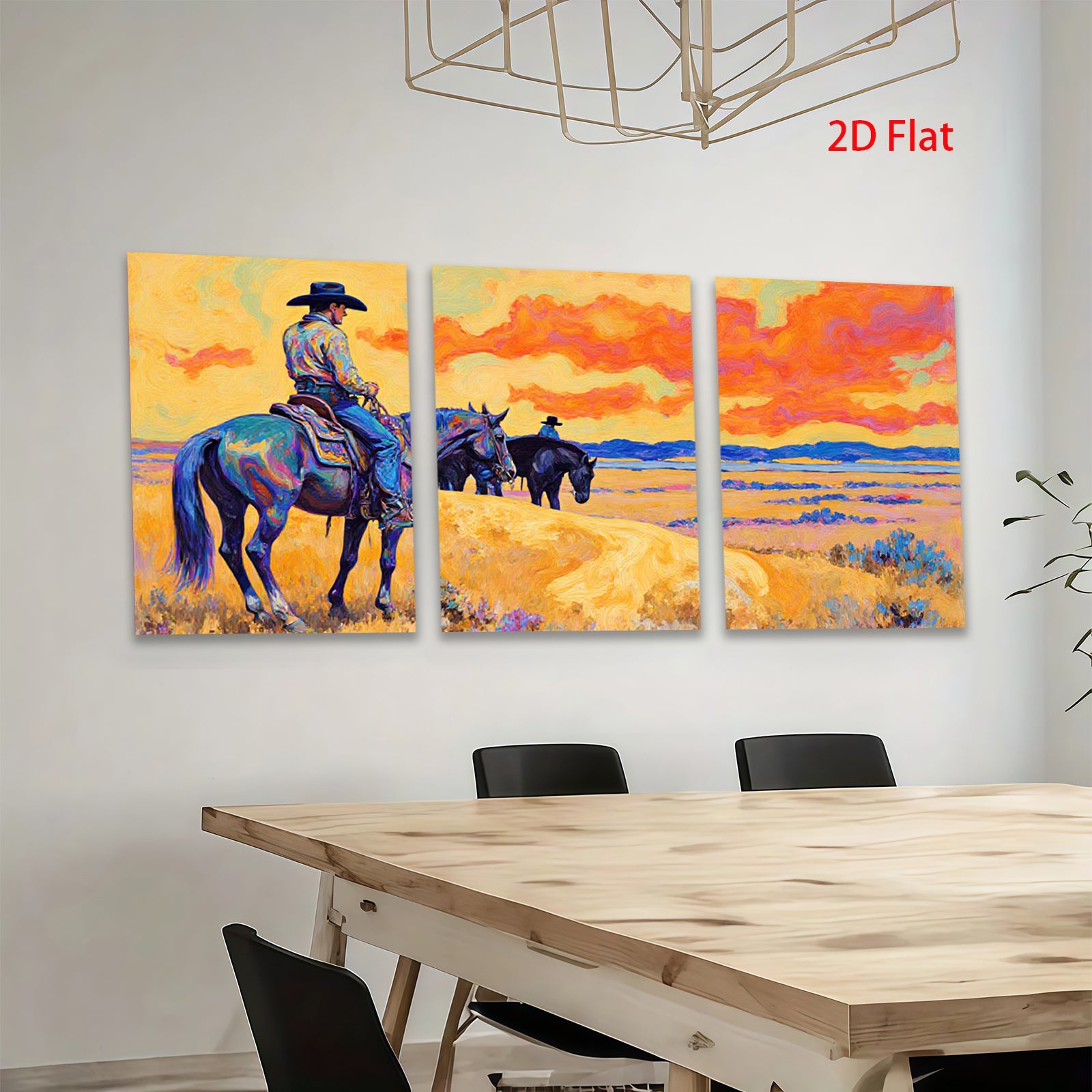 2D flat 1pc Western Cowboys Ride Horses Through Golden Plains Farmhouse Wall Art Decor Living Room Bedroom Modern Canvas Prints Framed Large Size