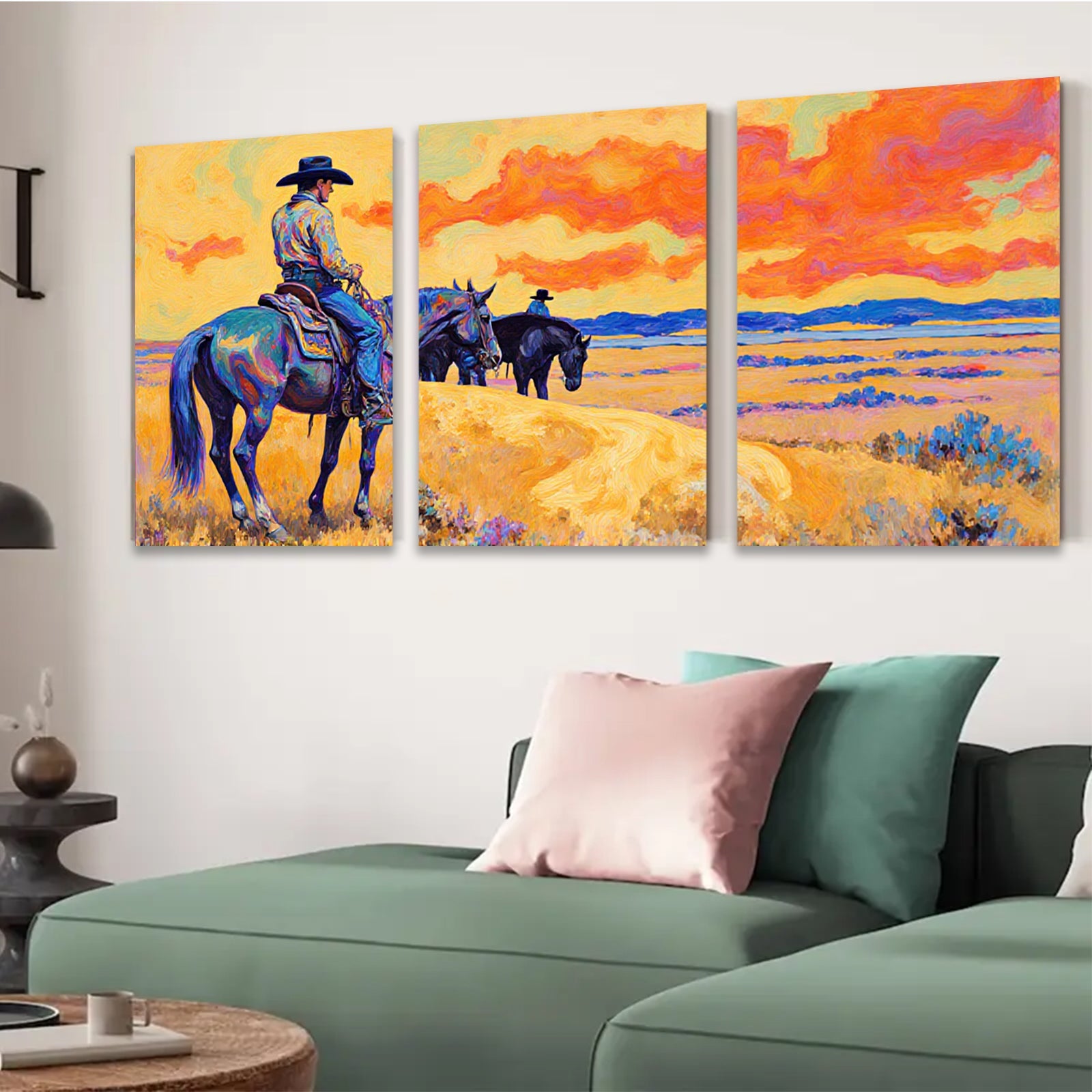 2D flat 1pc Western Cowboys Ride Horses Through Golden Plains Farmhouse Wall Art Decor Living Room Bedroom Modern Canvas Prints Framed Large Size