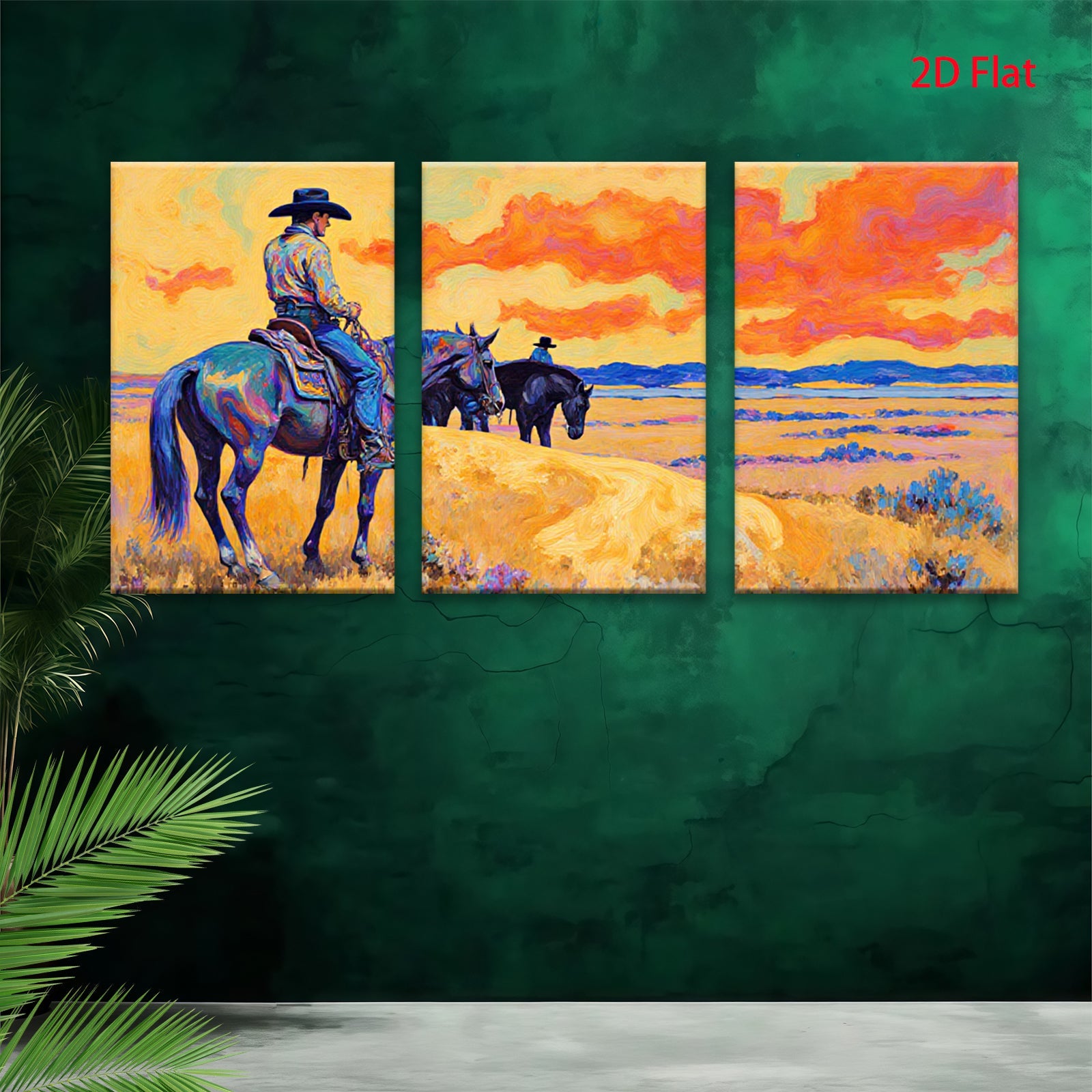 2D flat 1pc Western Cowboys Ride Horses Through Golden Plains Farmhouse Wall Art Decor Living Room Bedroom Modern Canvas Prints Framed Large Size