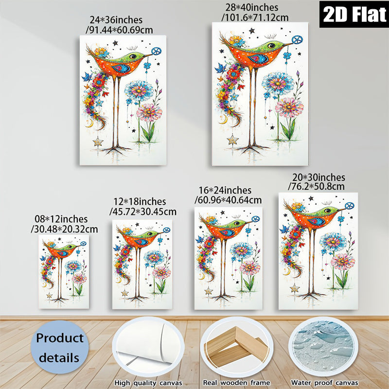 2D flat 1pc Whimsical Bird Floral Wall Art Decor Living Room Bedroom Modern Farmhouse Style Canvas Prints Botanical Artwork Gallery Wrapped Ready To Hang