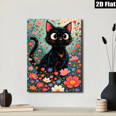 2D flat 1pc Whimsical Black Cat Among Vibrant Flowers Botanical Wall Art Decor Living Room Bedroom Gallery Wrapped Canvas Prints Modern Farmhouse Style