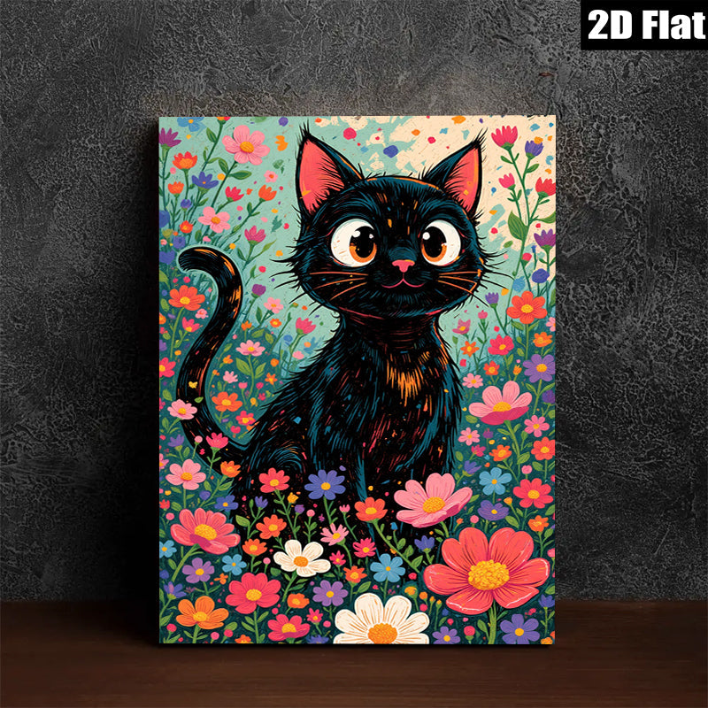 2D flat 1pc Whimsical Black Cat Among Vibrant Flowers Botanical Wall Art Decor Living Room Bedroom Gallery Wrapped Canvas Prints Modern Farmhouse Style