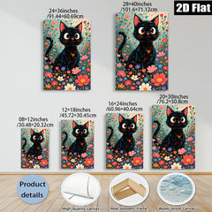 2D flat 1pc Whimsical Black Cat Among Vibrant Flowers Botanical Wall Art Decor Living Room Bedroom Gallery Wrapped Canvas Prints Modern Farmhouse Style