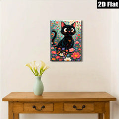 2D flat 1pc Whimsical Black Cat Among Vibrant Flowers Botanical Wall Art Decor Living Room Bedroom Gallery Wrapped Canvas Prints Modern Farmhouse Style