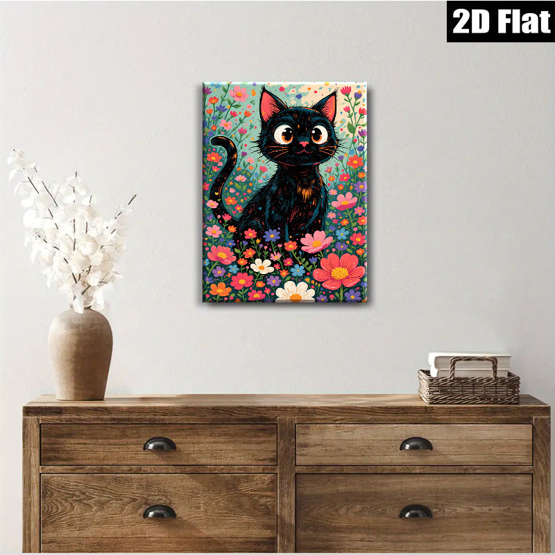2D flat 1pc Whimsical Black Cat Among Vibrant Flowers Botanical Wall Art Decor Living Room Bedroom Gallery Wrapped Canvas Prints Modern Farmhouse Style
