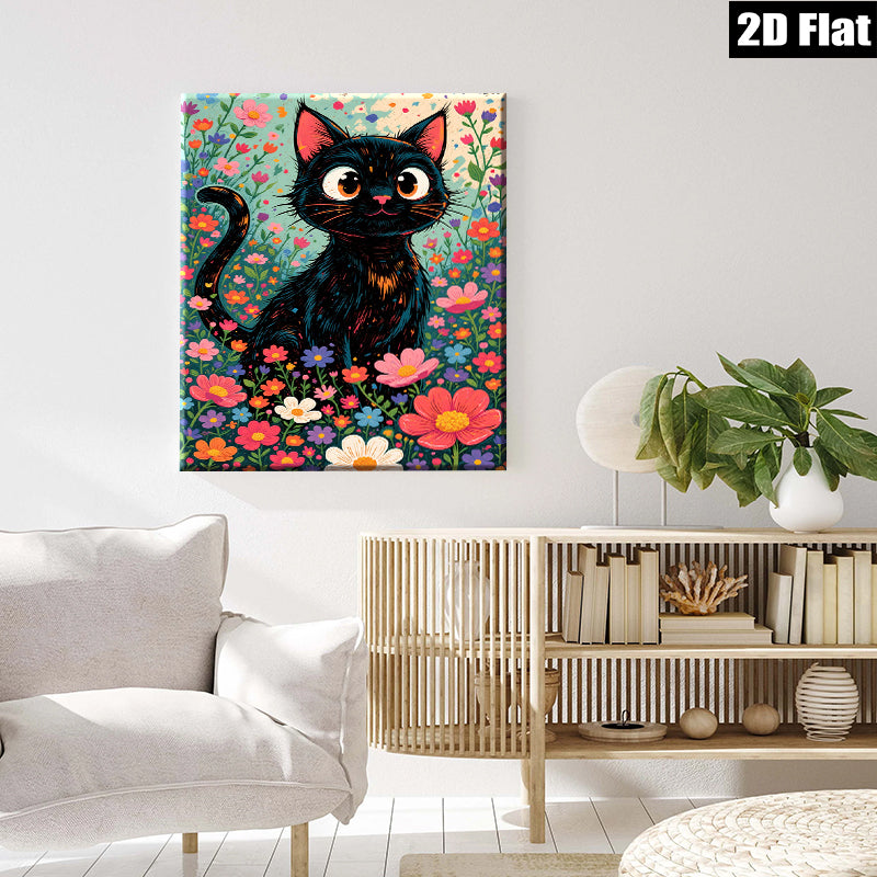 2D flat 1pc Whimsical Black Cat Among Vibrant Flowers Botanical Wall Art Decor Living Room Bedroom Gallery Wrapped Canvas Prints Modern Farmhouse Style