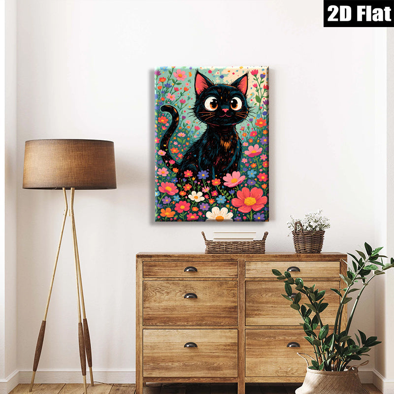 2D flat 1pc Whimsical Black Cat Among Vibrant Flowers Botanical Wall Art Decor Living Room Bedroom Gallery Wrapped Canvas Prints Modern Farmhouse Style