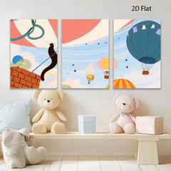 2D flat 1pc Whimsical Cat Hot Air Balloon Wall Art Kids Room Nursery Decor Living Room Modern Farmhouse Canvas Prints Ready to Hang Inspirational Gift