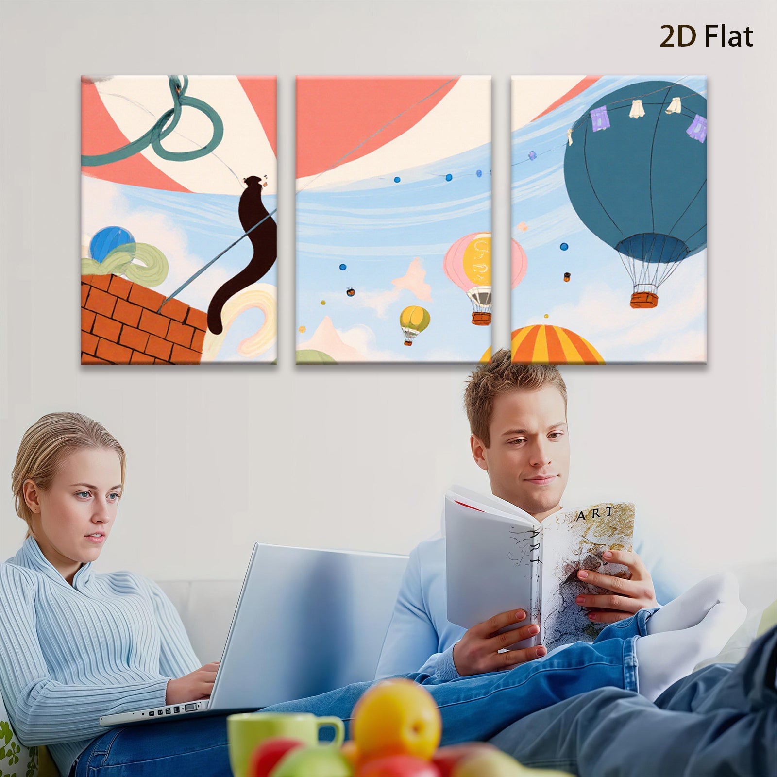 2D flat 1pc Whimsical Cat Hot Air Balloon Wall Art Kids Room Nursery Decor Living Room Modern Farmhouse Canvas Prints Ready to Hang Inspirational Gift