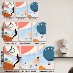 2D flat 1pc Whimsical Cat Hot Air Balloon Wall Art Kids Room Nursery Decor Living Room Modern Farmhouse Canvas Prints Ready to Hang Inspirational Gift