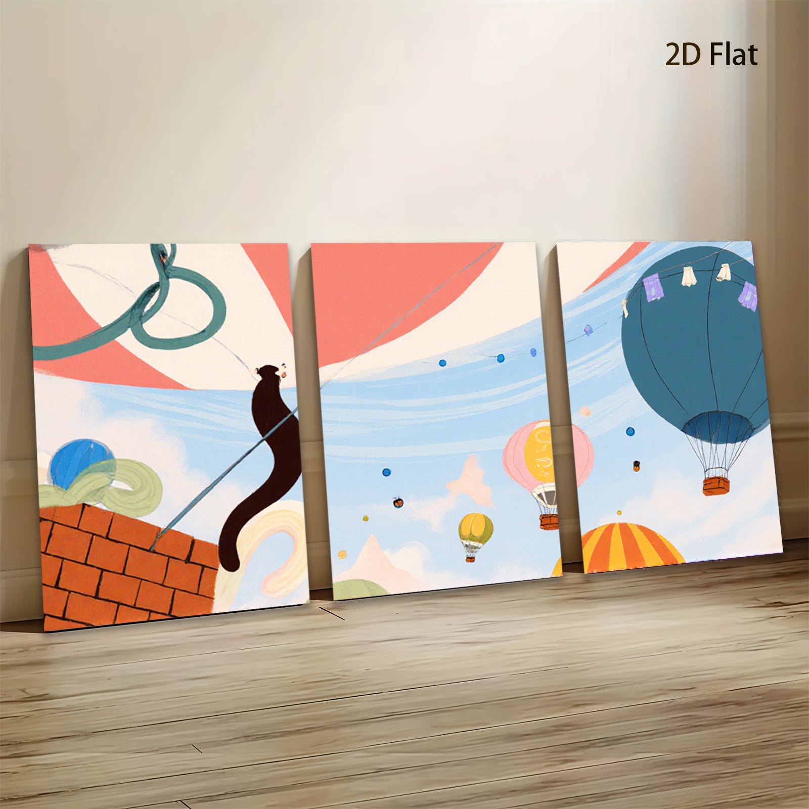 2D flat 1pc Whimsical Cat Hot Air Balloon Wall Art Kids Room Nursery Decor Living Room Modern Farmhouse Canvas Prints Ready to Hang Inspirational Gift
