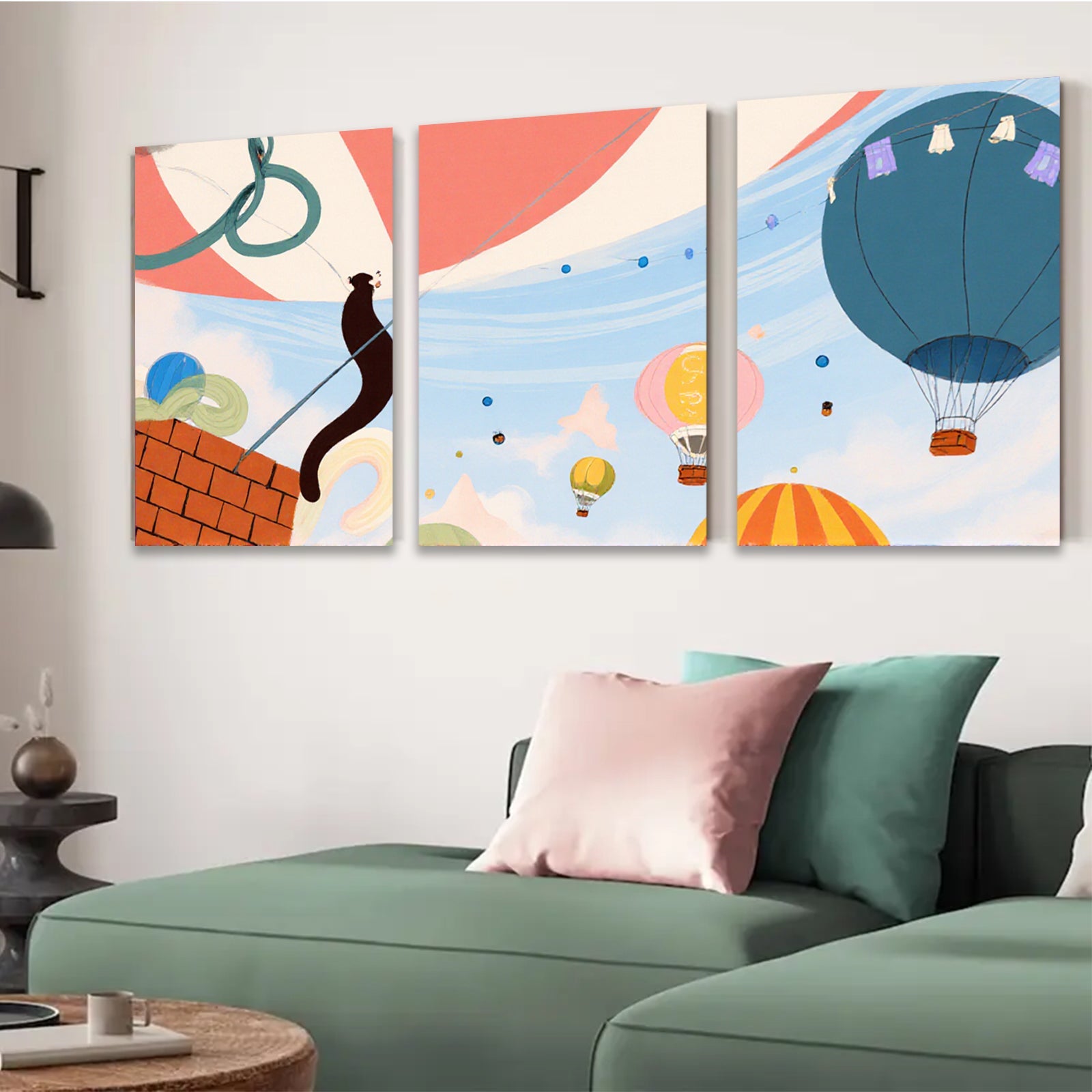 2D flat 1pc Whimsical Cat Hot Air Balloon Wall Art Kids Room Nursery Decor Living Room Modern Farmhouse Canvas Prints Ready to Hang Inspirational Gift