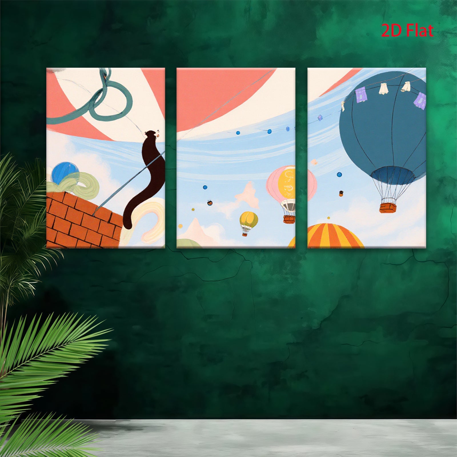 2D flat 1pc Whimsical Cat Hot Air Balloon Wall Art Kids Room Nursery Decor Living Room Modern Farmhouse Canvas Prints Ready to Hang Inspirational Gift