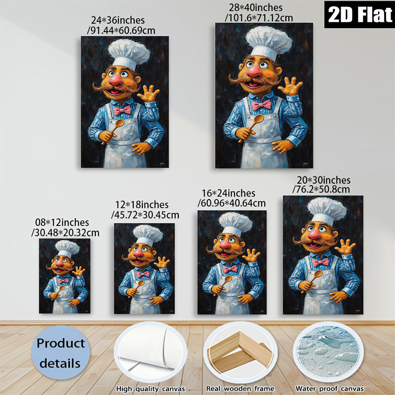 2D flat 1pc Whimsical Chef Portrait Kitchen Wall Art Dining Room Decor Farmhouse Style Living Room Canvas Prints Modern Artwork Gallery Wrapped Ready to Hang