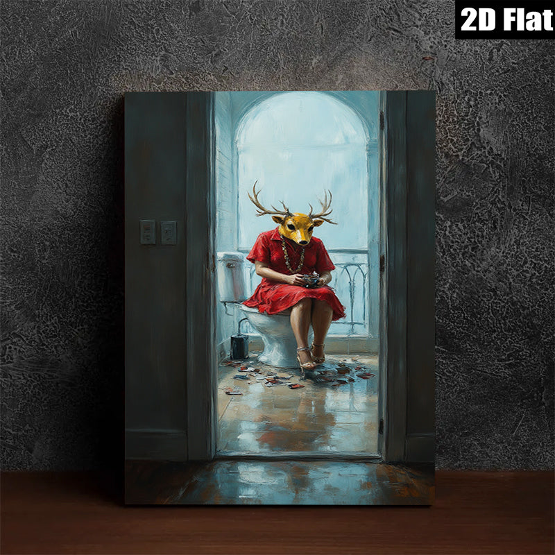 2D flat 1pc Whimsical Deer Lady Bathroom Portrait Wall Art Modern Farmhouse Decor Living Room Bedroom Canvas Prints Cozy Home Gallery Wrapped
